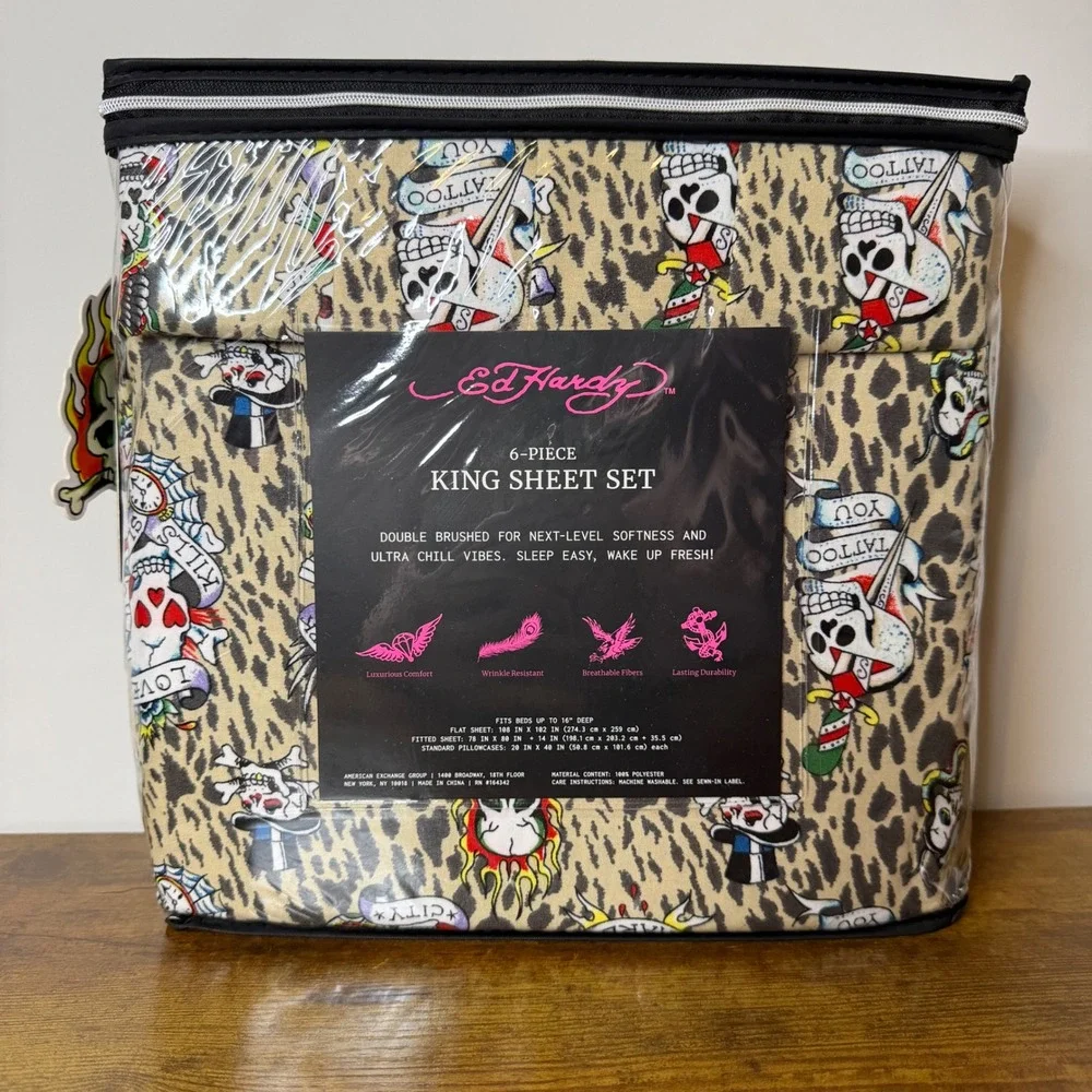 New Ed Hardy King 6 Pc Double Brushed Sheet Set Brown Leopard Skull Bedding Y2K